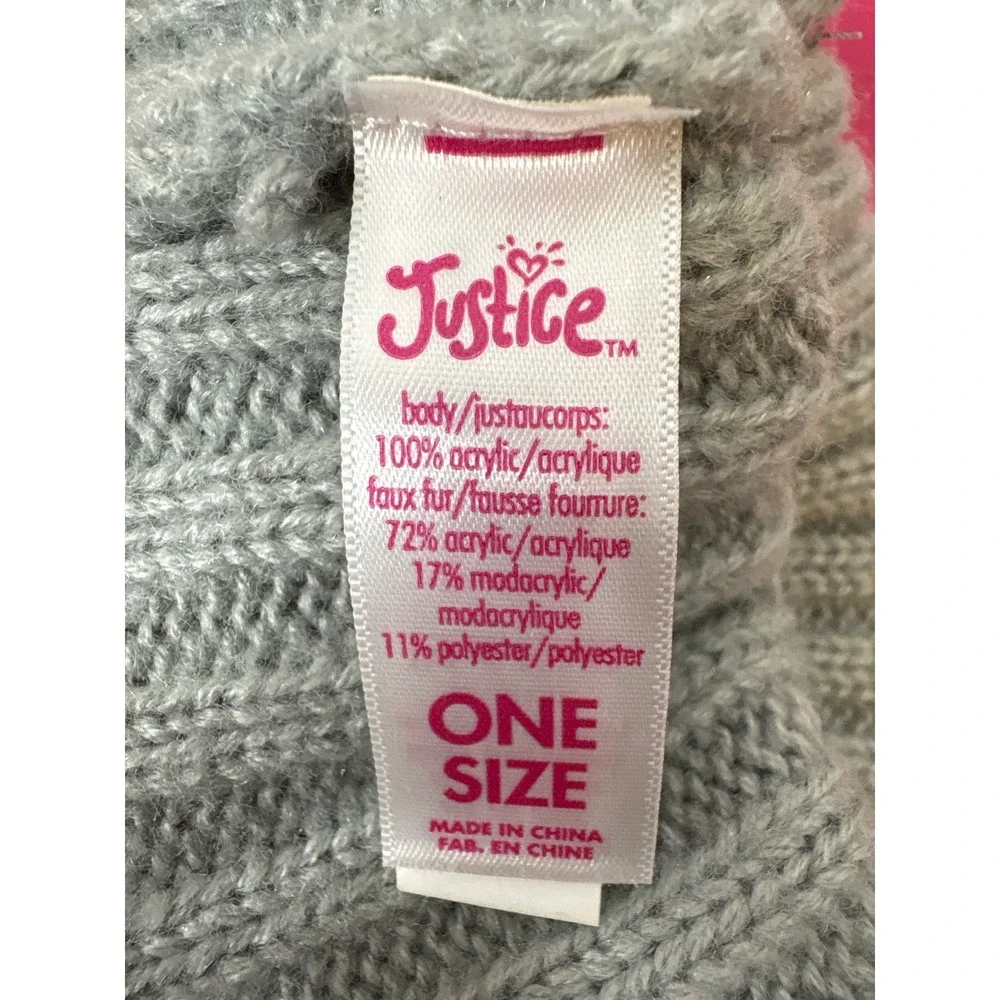 Justice Girls Gray Ribbed Knit Beanie Pink Faux Fur Pom Sequin‎ Love Hat OS